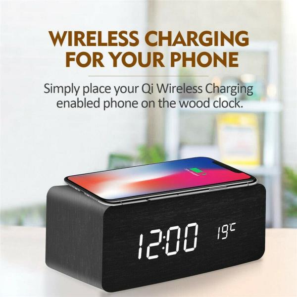 Factory Wholesale Smart Wireless Charging Sound Control Environmentally Friendly Mute Led Wooden Clock Wooden Home Electronic Alarm Clock