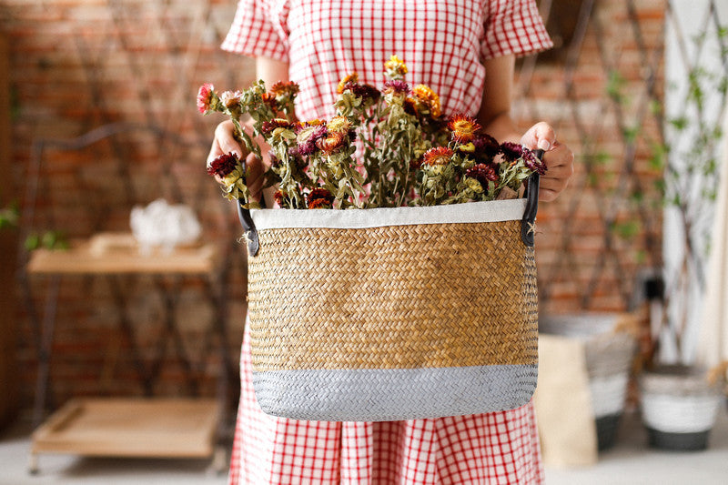 Pastoral Handmade Seagrass Basket Painted Linen Edge Flower Pot PU Handle Braided Basket Rattan Woven Basket Big Laundry Basket