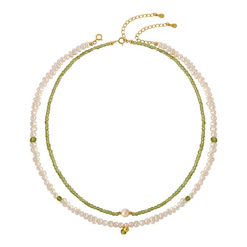 Natural Olivine Freshwater Pearl Necklace Women's Natural Stone Pearl Twin Double-layer