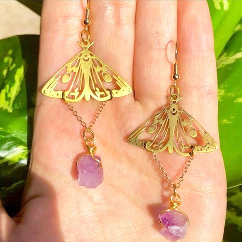 Bohemian Golden Hollow Pattern Butterfly Tassel Amethyst Earrings