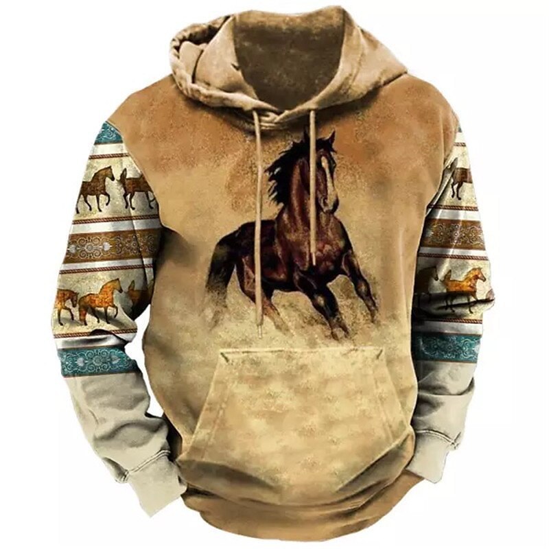 European And American Men's Pullover Hoodie Animal Horse Pattern