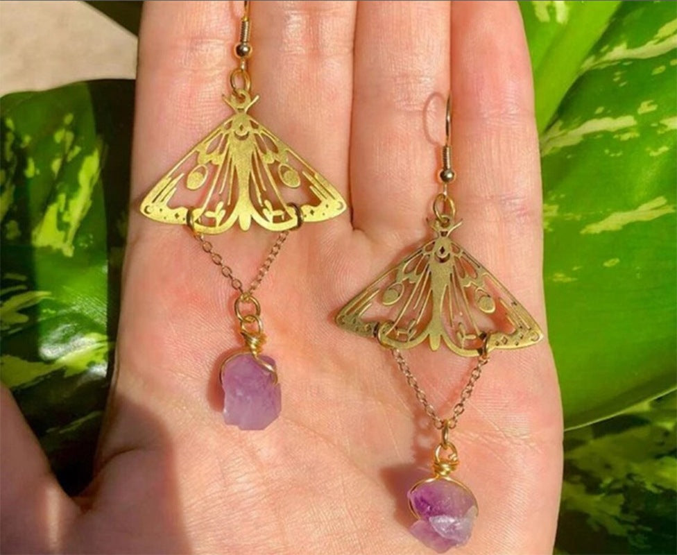 Bohemian Golden Hollow Pattern Butterfly Tassel Amethyst Earrings