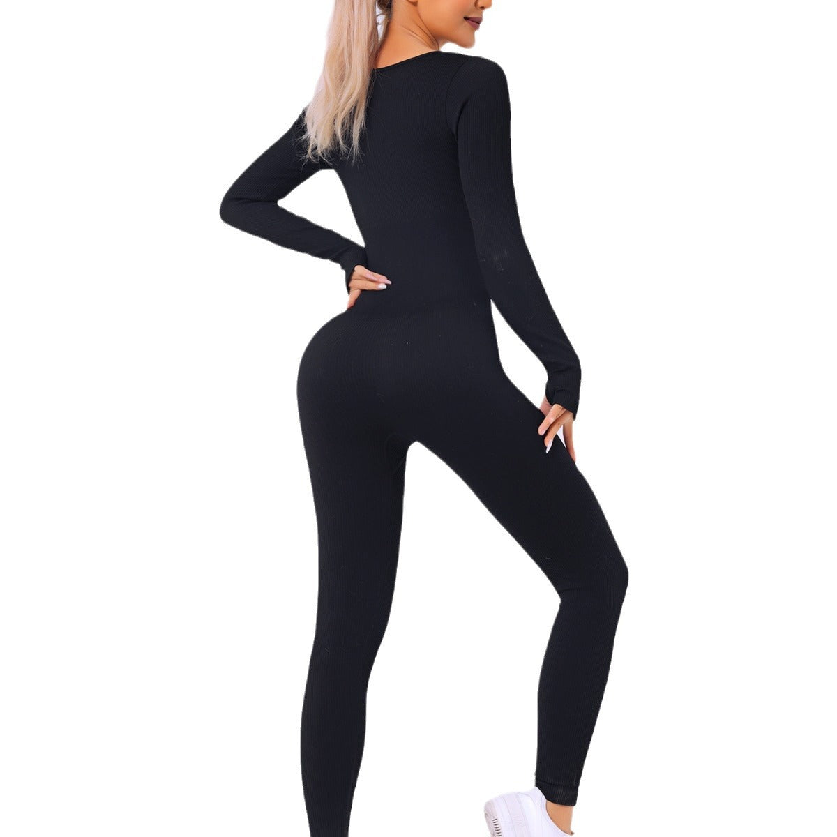 Women's Long-sleeved Thread Yoga Suit Sexy Square-neck Women's Hip Raise Slim Fit Sports Jumpsuit