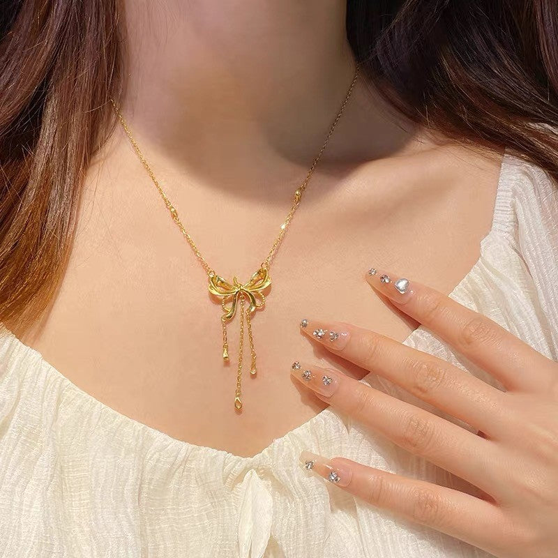 Bow Necklace Alluvial Gold Pendant Copper-plated Gold Heart Tassel Necklace For Women